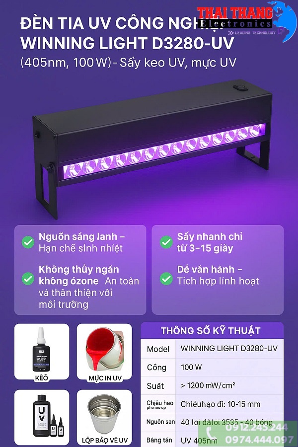 Đèn tia UV công suất lớn dùng cho công nghiệp WINNING LIGHT D3280-UV (405nm, 100W, sấy keo UV, mực UV)- Hàng chính hãng