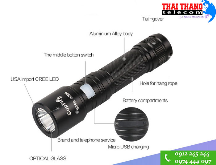 Đèn pin siêu sáng Supfire A5 IP67 sạc qua USB