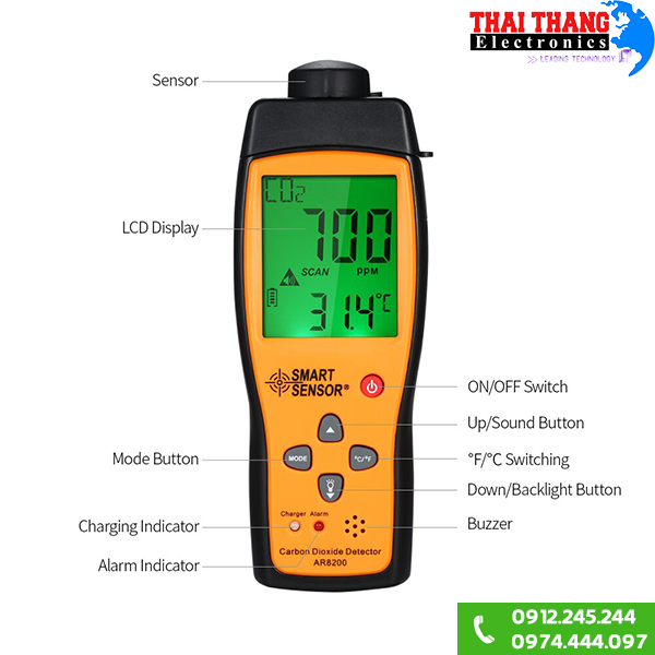 Máy đo nồng độ khí CO2 cầm tay Smart Sensor AR8200